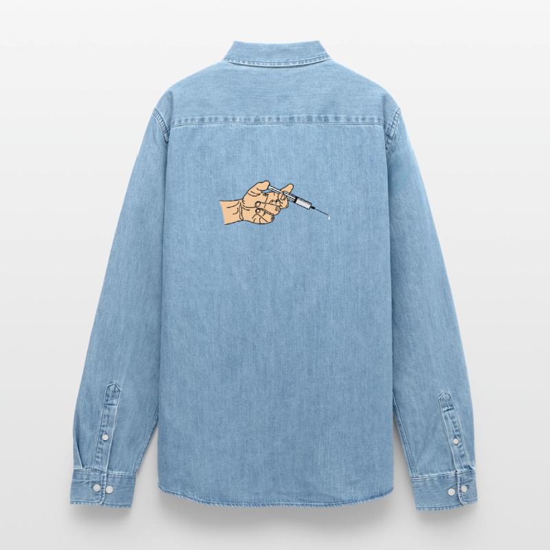 Seringue avec goutte à goutte sortant dans la main Chemise en denim homme bio Stanley/Stella