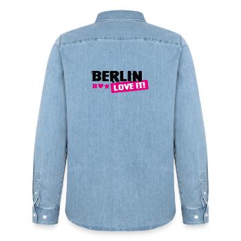 Berlin Love It Pink Stamp - Men’s Organic Denim Shirt by Stanley/Stella - light wash - Back - AI Model Male 185 light (185cm)