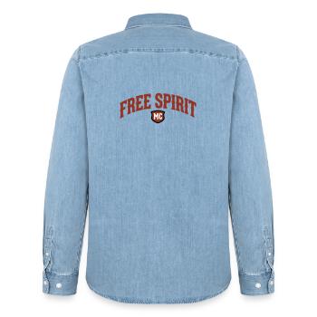Free Spirit MC Lettering - Men’s Organic Denim Shirt by Stanley/Stella - light wash - Back - AI Model Male 185 light (185cm)