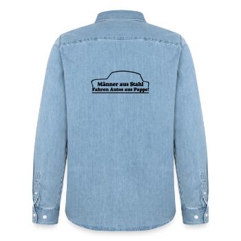  , Männer aus Stahl..., DDR Kult (25) - Männer Jeanshemd Organic von Stanley/Stella - verwaschenes Hellblau - Hinten - AI Model Male 185 light (185cm)