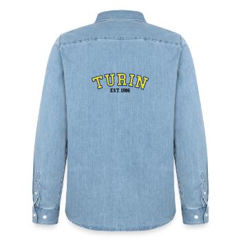 Turin fondée en 1986 - Chemise en denim homme bio Stanley/Stella - bleu clair délavé - Dos - AI Model Male 185 light (185cm)