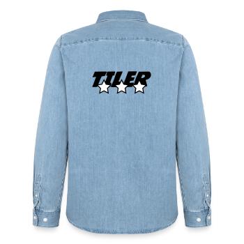 Tiler *** pro tile laying precision craft - Men’s Organic Denim Shirt by Stanley/Stella - light wash - Back - AI Model Male 185 light (185cm)