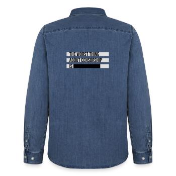 The Worst Thing About Censorship Is Funny Irony - Men’s Organic Denim Shirt by Stanley/Stella - mid washy  - Back - AI Model Male 185 light (185cm)