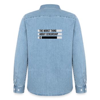 Le pire dans la censure, c’est l’ironie amusante - Chemise en denim homme bio Stanley/Stella - bleu clair délavé - Dos - AI Model Male 185 light (185cm)