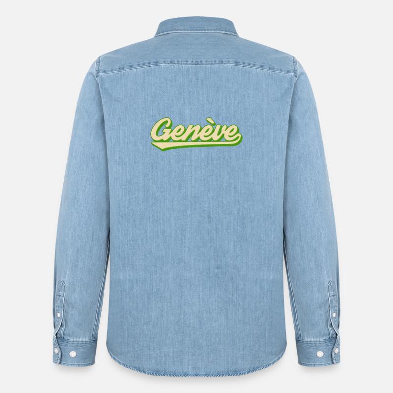 Genève Retro Script Limette - Männer Jeanshemd Organic von Stanley/Stella - verwaschenes Hellblau