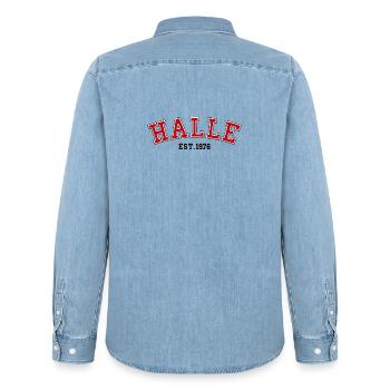 Halle Est. 1976 - Men’s Organic Denim Shirt by Stanley/Stella - light wash - Back - AI Model Male 185 light (185cm)