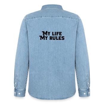 My Life My Rules – Tough Self-Confidence Quote - Men’s Organic Denim Shirt by Stanley/Stella - light wash - Back - AI Model Male 185 light (185cm)