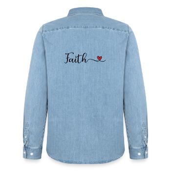 Faith Typography with a Heart - Men’s Organic Denim Shirt by Stanley/Stella - light wash - Back - AI Model Male 185 light (185cm)