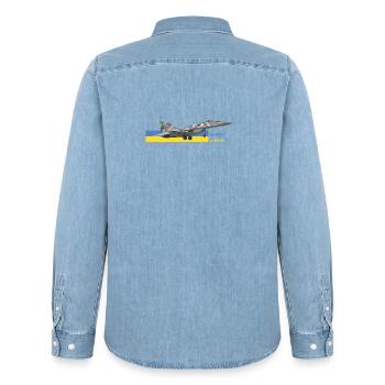 UKRAINE : Le Fantôme du Jet de chasse de Kyiv - Chemise en denim homme bio Stanley/Stella - bleu clair délavé - Dos - AI Model Male 185 light (185cm)