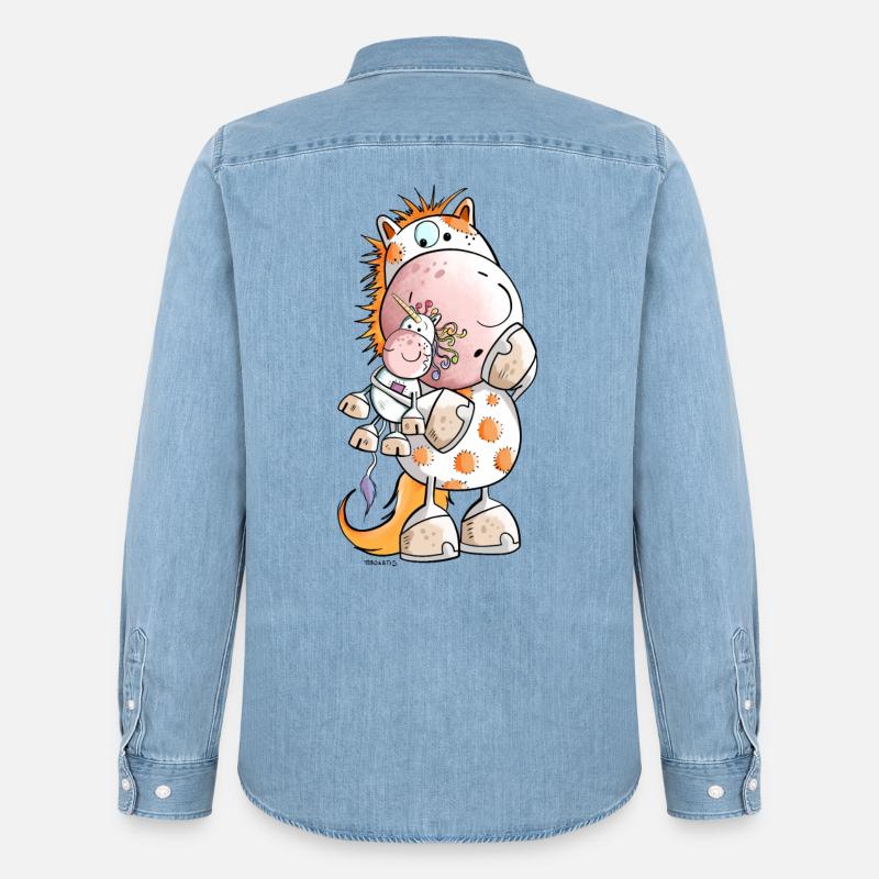 Pferd mit Einhorn Kuscheltier Cartoon  - Männer Jeanshemd Organic von Stanley/Stella - verwaschenes Hellblau