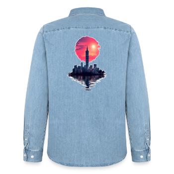 Neon Sunset – City meets horizon - Men’s Organic Denim Shirt by Stanley/Stella - light wash - Back - AI Model Male 185 light (185cm)