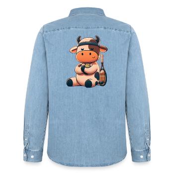 Cute tennis cow with racket and ball - Men’s Organic Denim Shirt by Stanley/Stella - light wash - Back - AI Model Male 185 light (185cm)