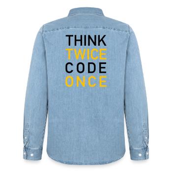 Think Twice Code Once Programmer - Men’s Organic Denim Shirt by Stanley/Stella - light wash - Back - AI Model Male 185 light (185cm)