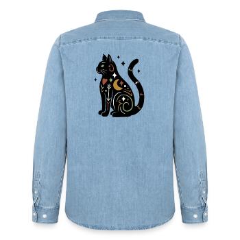Magische Katze - Schwarz Bunt mit Sternen - Männer Jeanshemd Organic von Stanley/Stella - verwaschenes Hellblau - Hinten - AI Model Male 185 light (185cm)