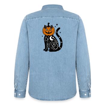 Halloween Katze Kürbiskostüm - Mit Sternen - Männer Jeanshemd Organic von Stanley/Stella - verwaschenes Hellblau - Hinten - AI Model Male 185 light (185cm)