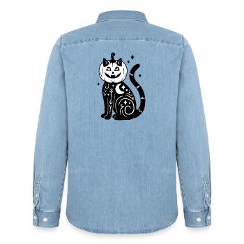 Halloween Katze Kürbiskostüm - SW mit Sternen - Männer Jeanshemd Organic von Stanley/Stella - verwaschenes Hellblau - Hinten - AI Model Male 185 light (185cm)