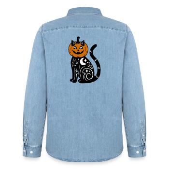 Halloween Katze Kürbiskostüm - Männer Jeanshemd Organic von Stanley/Stella - verwaschenes Hellblau - Hinten - AI Model Male 185 light (185cm)