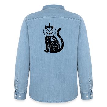 Halloween Katze Kürbiskostüm - Schwarz - Männer Jeanshemd Organic von Stanley/Stella - verwaschenes Hellblau - Hinten - AI Model Male 185 light (185cm)