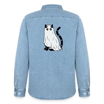 Halloween Katze Gespenst - Männer Jeanshemd Organic von Stanley/Stella - verwaschenes Hellblau - Hinten - AI Model Male 185 light (185cm)