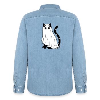 Halloween Katze Gespenst - SW - Männer Jeanshemd Organic von Stanley/Stella - verwaschenes Hellblau - Hinten - AI Model Male 185 light (185cm)