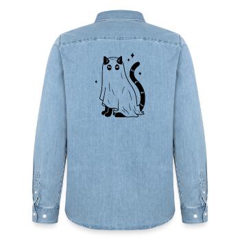 Halloween Katze Gespenst - Schwarz mit Sternen - Männer Jeanshemd Organic von Stanley/Stella - verwaschenes Hellblau - Hinten - AI Model Male 185 light (185cm)