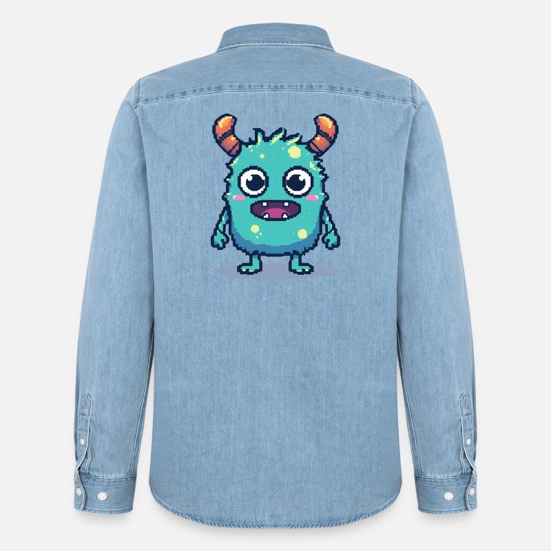 8-bit simpatico pixel monster stile retrò anni '90 - Camicia in denim uomo bio di Stanley/Stella - azzurro chiaro slavato