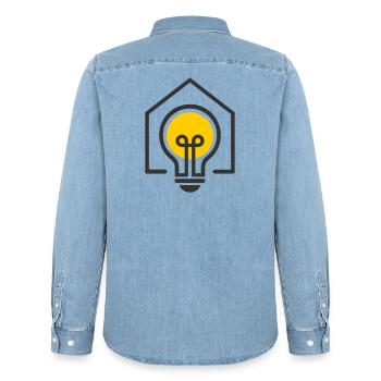 Electrician House Light Bulb Motif - Men’s Organic Denim Shirt by Stanley/Stella - light wash - Back - AI Model Male 185 light (185cm)