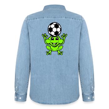Frog Soccer Header Ball Playing Toad - Men’s Organic Denim Shirt by Stanley/Stella - light wash - Back - AI Model Male 185 light (185cm)