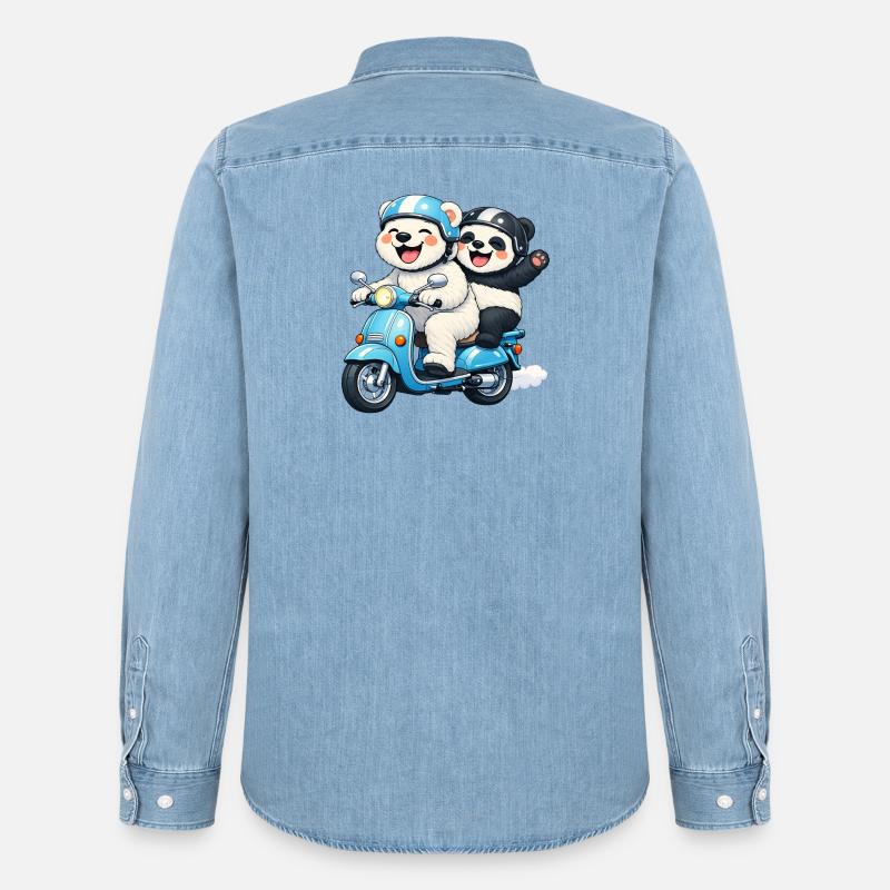 Eisbär und Pandabär auf einem Roller - Männer Jeanshemd Organic von Stanley/Stella - verwaschenes Hellblau