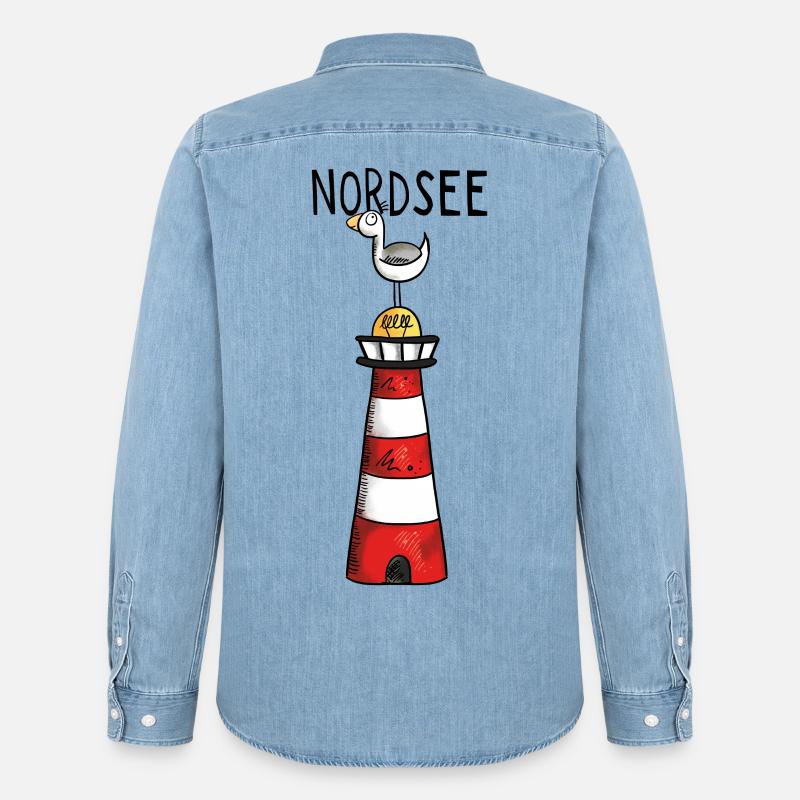 Nordsee Leuchtturm - Möwe - Comic - Geschenk - Männer Jeanshemd Organic von Stanley/Stella - verwaschenes Hellblau