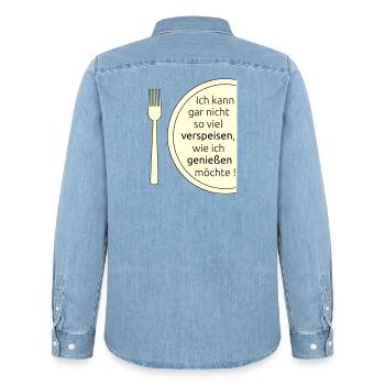 Eat and enjoy - Men’s Organic Denim Shirt by Stanley/Stella - light wash - Back - AI Model Male 185 light (185cm)