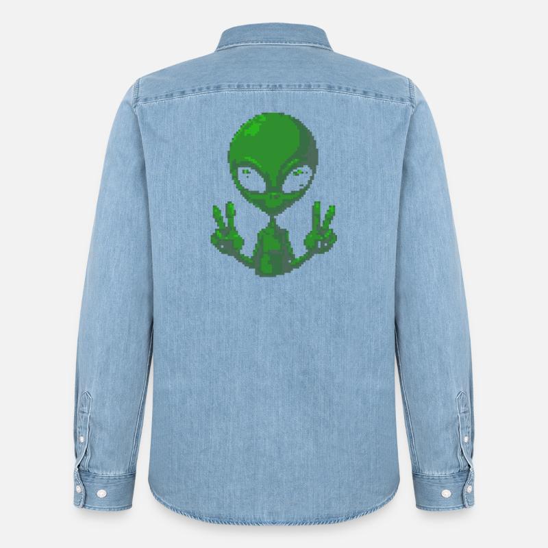 Pixel Alien Friedenszeichen-Tee - Männer Jeanshemd Organic von Stanley/Stella - verwaschenes Hellblau