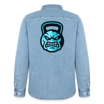 Workout Kettlebell Logo - Men’s Organic Denim Shirt by Stanley/Stella - light wash - Back - AI Model Male 185 light (185cm)