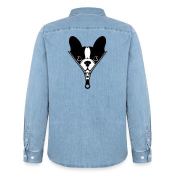 French Bulldog in a Zipper - Men’s Organic Denim Shirt by Stanley/Stella - light wash - Back - AI Model Male 185 light (185cm)