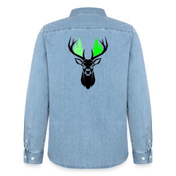 Deer Head Fir Trees Natural Green - Men’s Organic Denim Shirt by Stanley/Stella - light wash - Back - AI Model Male 185 light (185cm)