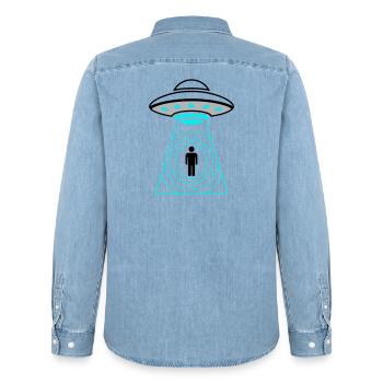 Vecteur d’enlèvement par OVNI Me Téléporter - Chemise en denim homme bio Stanley/Stella - bleu clair délavé - Dos - AI Model Male 185 light (185cm)