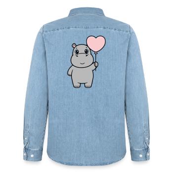 Süßes Nilpferd Herz Ballon Liebe - Männer Jeanshemd Organic von Stanley/Stella - verwaschenes Hellblau - Hinten - AI Model Male 185 light (185cm)