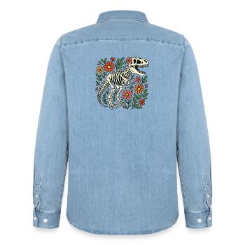 Squelette de T Rex avec des Fleurs - Chemise en denim homme bio Stanley/Stella - bleu clair délavé - Dos - AI Model Male 185 light (185cm)