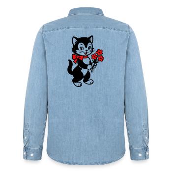 Black Cat with Red Ribbon - Men’s Organic Denim Shirt by Stanley/Stella - light wash - Back - AI Model Male 185 light (185cm)