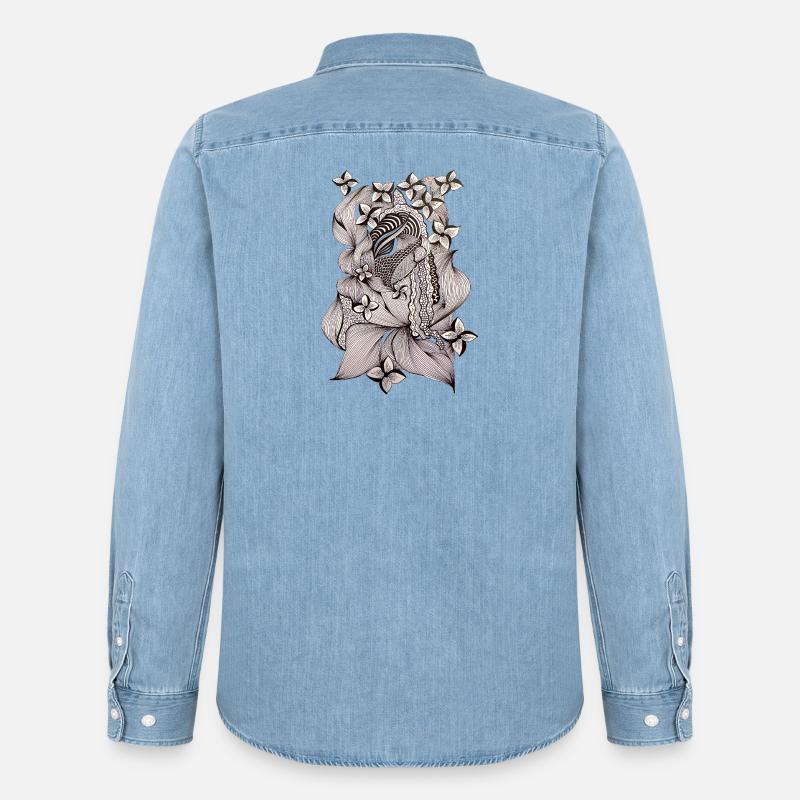 Zentangle Blumenmuster Schwarzweiß - Männer Jeanshemd Organic von Stanley/Stella - verwaschenes Hellblau