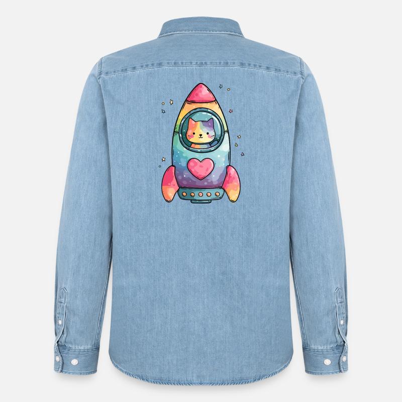 Rainbow Rocket Katze Herz - Männer Jeanshemd Organic von Stanley/Stella - verwaschenes Hellblau