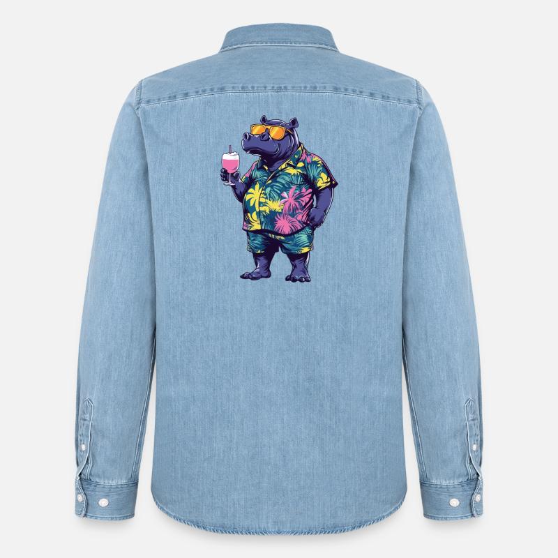 Nilpferd Comic Sommer - Männer Jeanshemd Organic von Stanley/Stella - verwaschenes Hellblau
