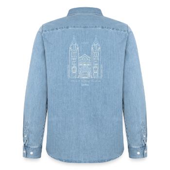 London, Natural History Museum NHM, Drawing, UK - Men’s Organic Denim Shirt by Stanley/Stella - light wash - Back - AI Model Male 185 light (185cm)