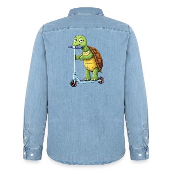 Cute Turtle Cartoon Scooter Scooter Boring - Men’s Organic Denim Shirt by Stanley/Stella - light wash - Back - AI Model Male 185 light (185cm)