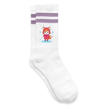 Kleiner Chibi-Fuchs im Regenmantel - Gestreifte Tennissocken - Weiß/Flieder  - Rechts