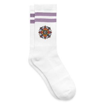 Mandala Blume Blüte symmetrisch abstrakt Farbspiel - Gestreifte Tennissocken - Weiß/Flieder  - Rechts