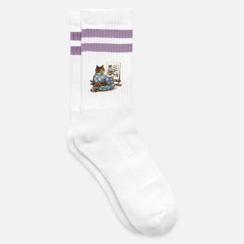 Samurai Cat Painting Sumi-e Ukiyo-e Art - Striped tennis socks - white/lilac