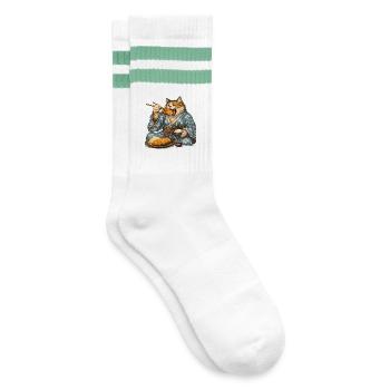 Samurai-Katze Tonkatsu Japanisches Essen Ukiyo-e - Gestreifte Tennissocken - Weiß/Mint - Rechts