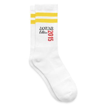 12. Geburtstag Januar 2015 - Gestreifte Tennissocken - Weiß/Gelb - Rechts