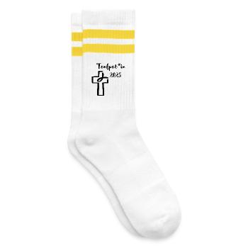 Taufpate 2025 gendergerecht Fisch taucht in Kreuz - Gestreifte Tennissocken - Weiß/Gelb - Rechts